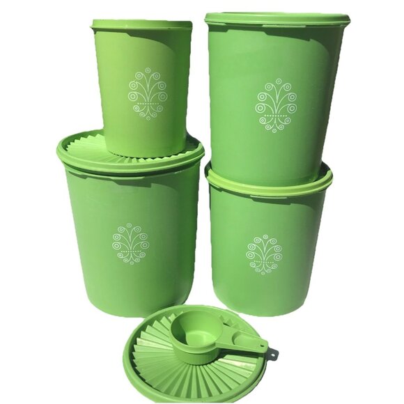 Vrg Tupperware Nesting Canister Set W Starburst Lids Lime Apple Green Containers